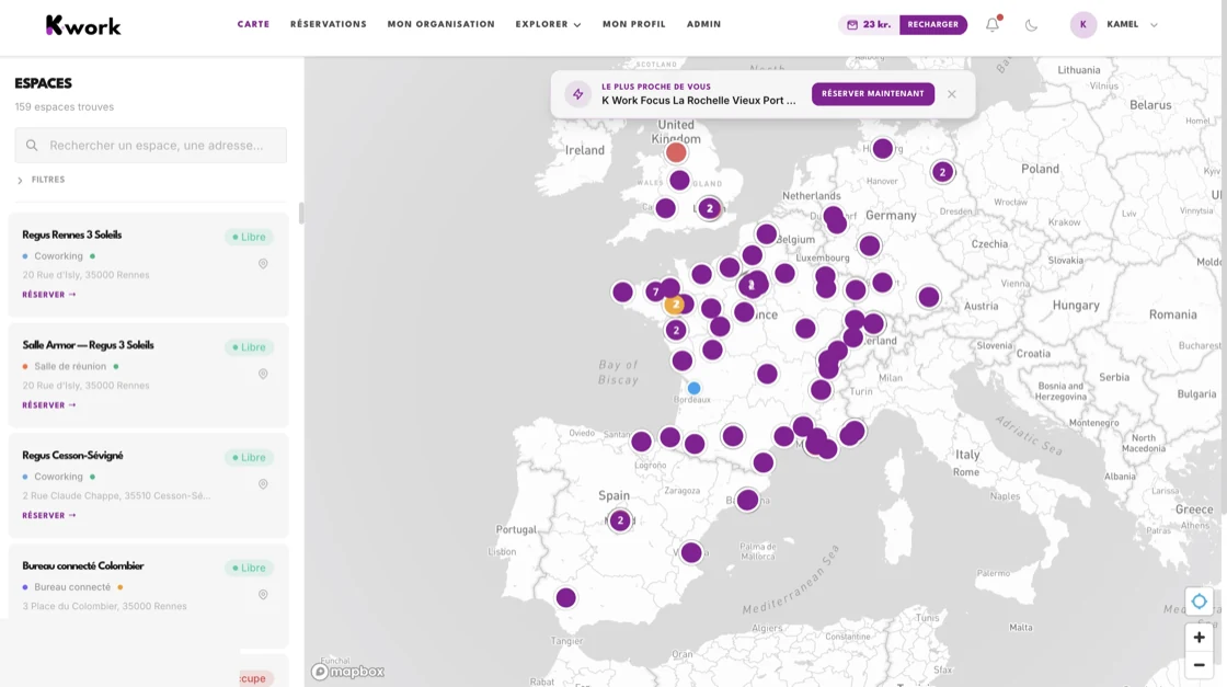 K work — version web : carte des espaces, réservations et networking