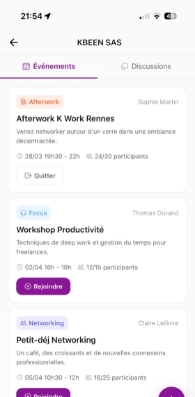 Écran Événements K work — afterworks, workshops et networking