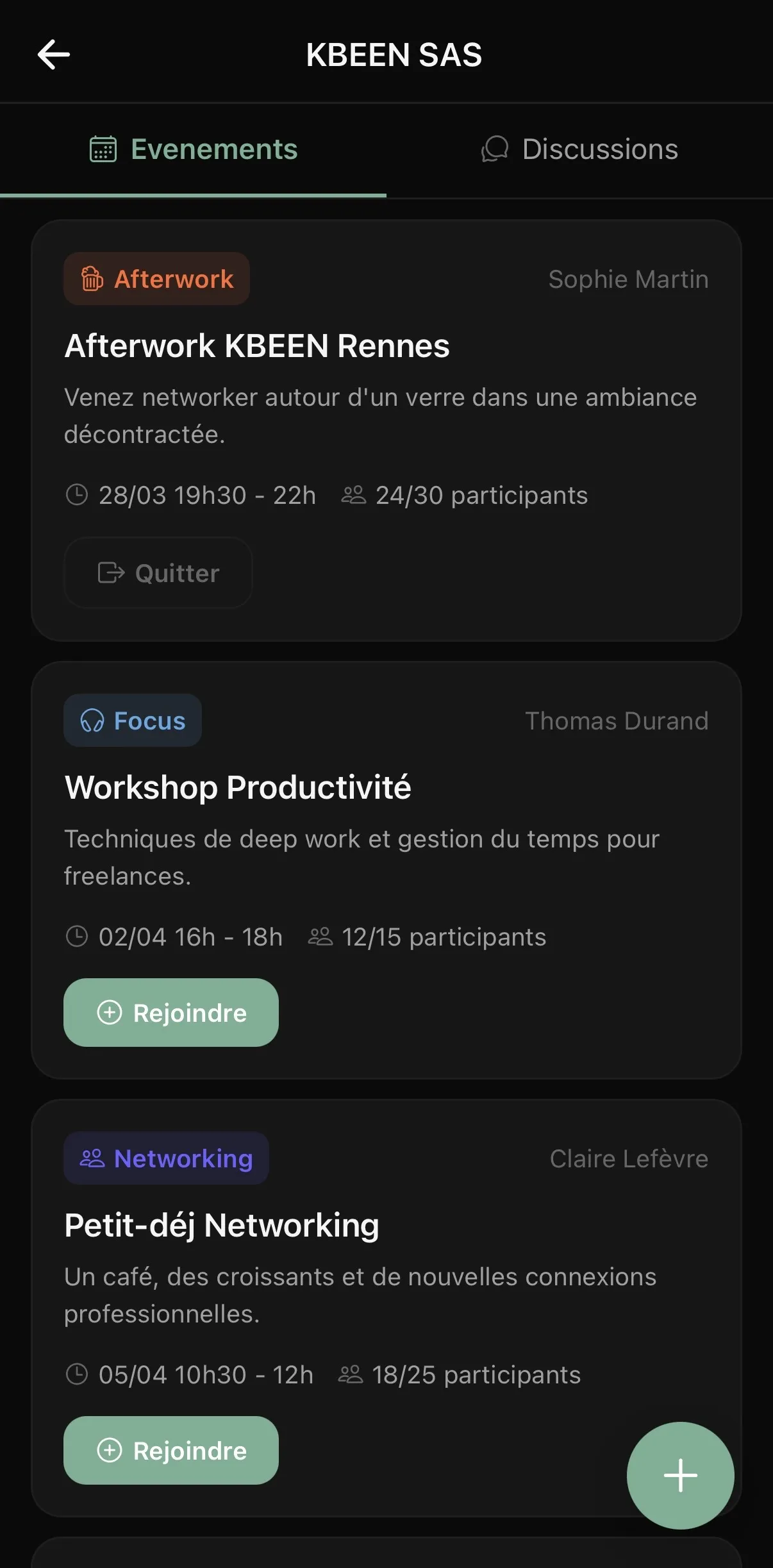 Écran Événements — afterworks, workshops et networking KBEEN