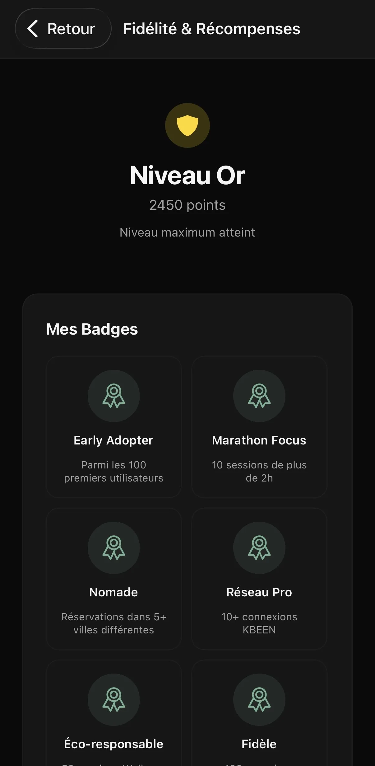 Écran Fidélité & Récompenses — niveau Gold, badges et points KBEEN