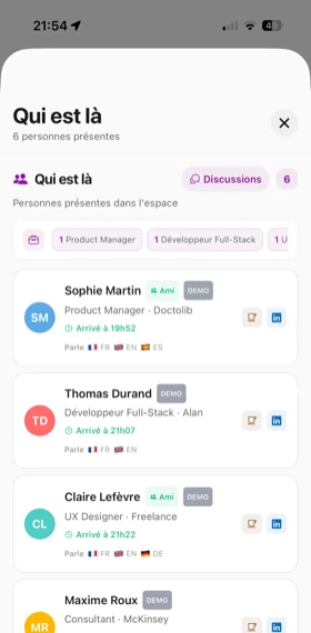 Écran Qui est là — profils des utilisateurs présents dans l'espace
