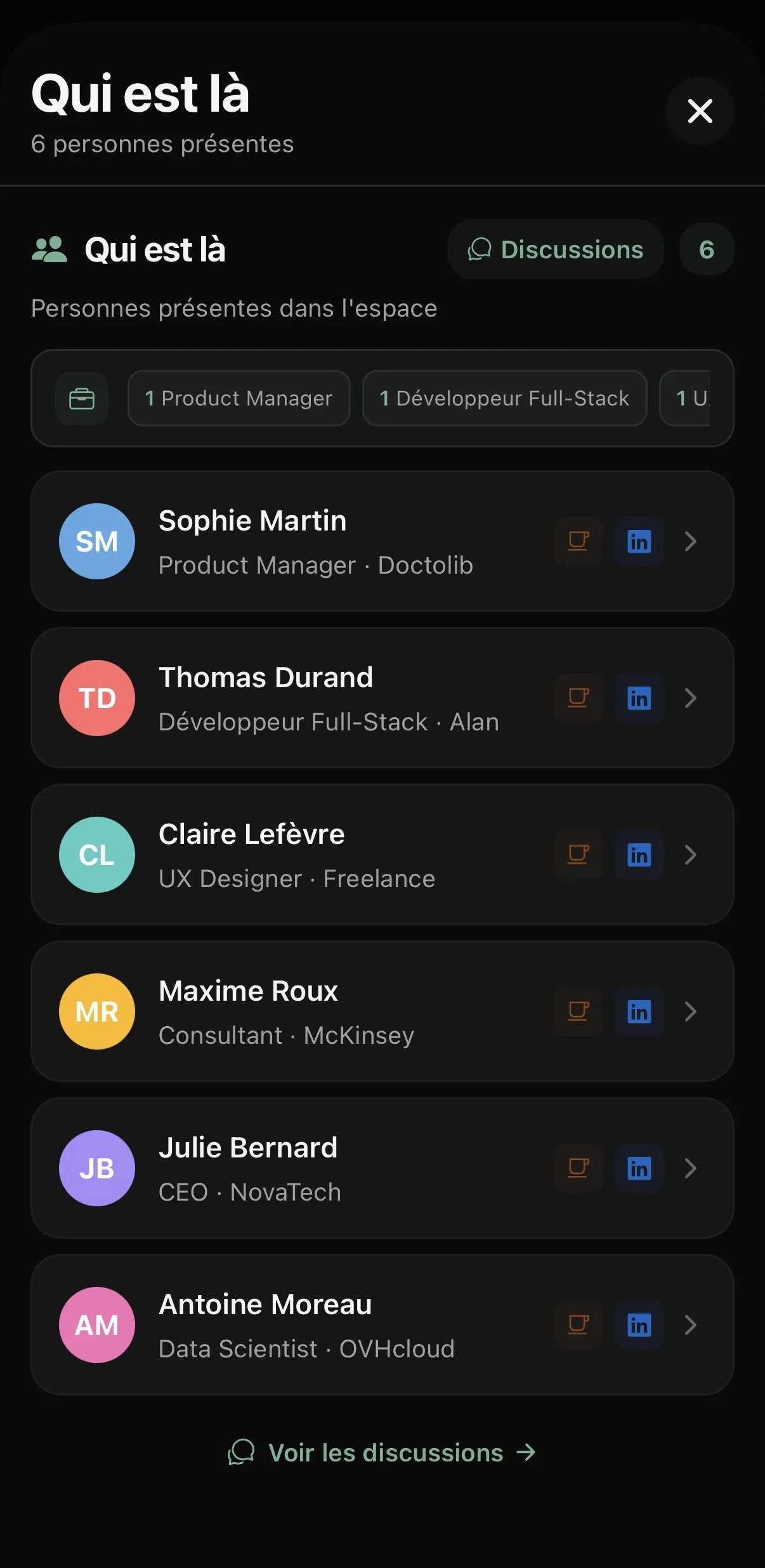 Écran Qui est là — profils des utilisateurs présents dans l'espace