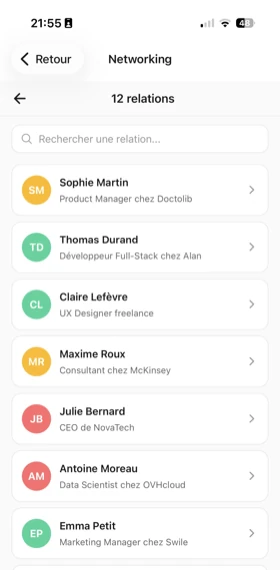 Écran Relations K work — connexions et réseau professionnel