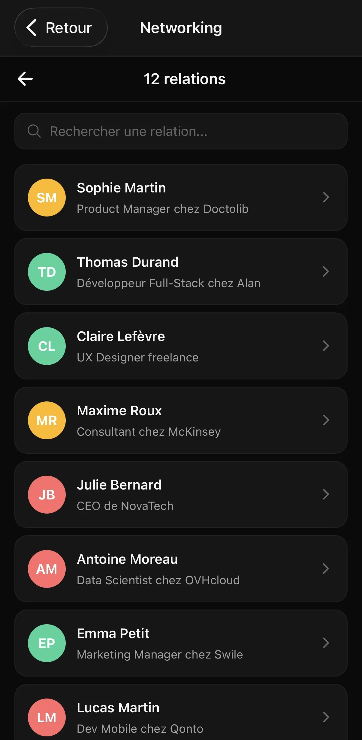 Écran Relations — connexions et réseau professionnel KBEEN